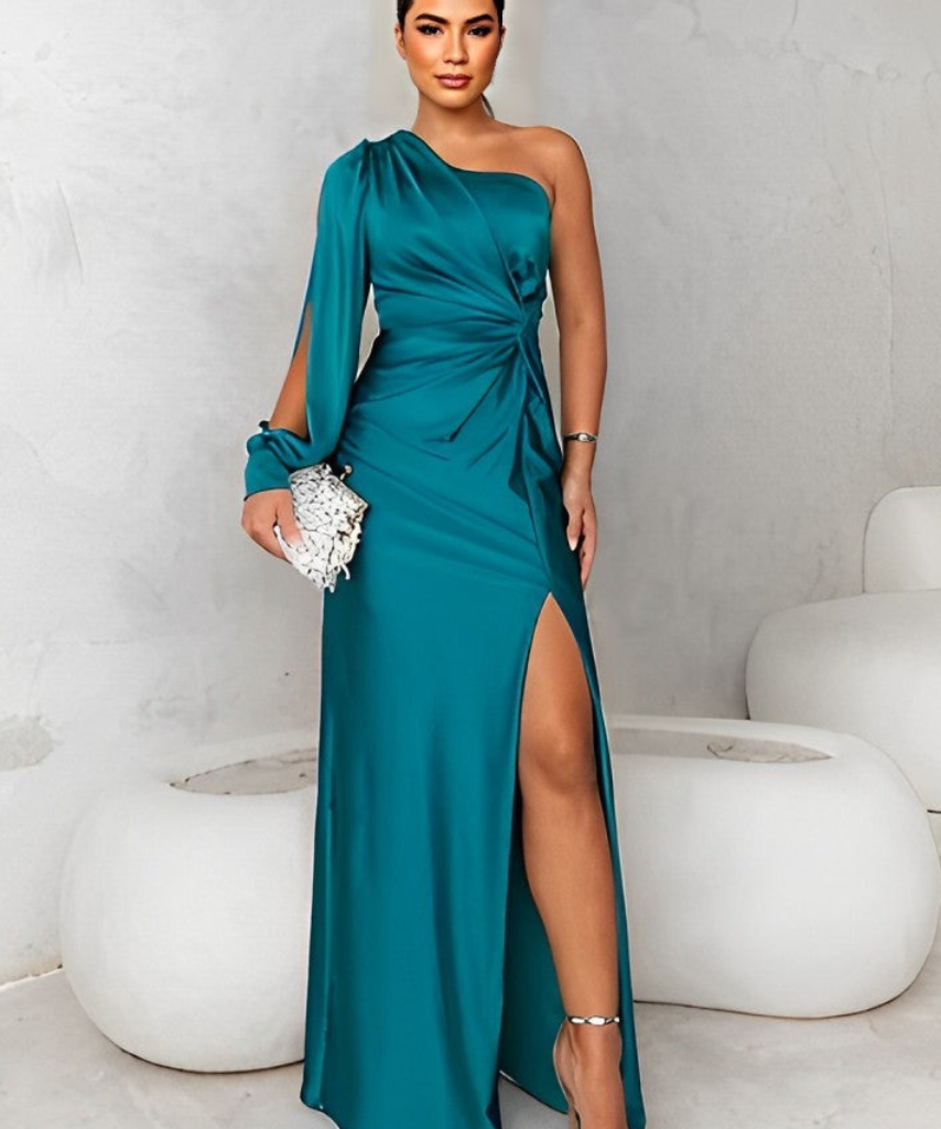 Isabel | Vestido largo drapeado con manga sola