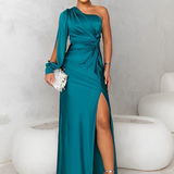 Isabel | Vestido largo drapeado con manga sola
