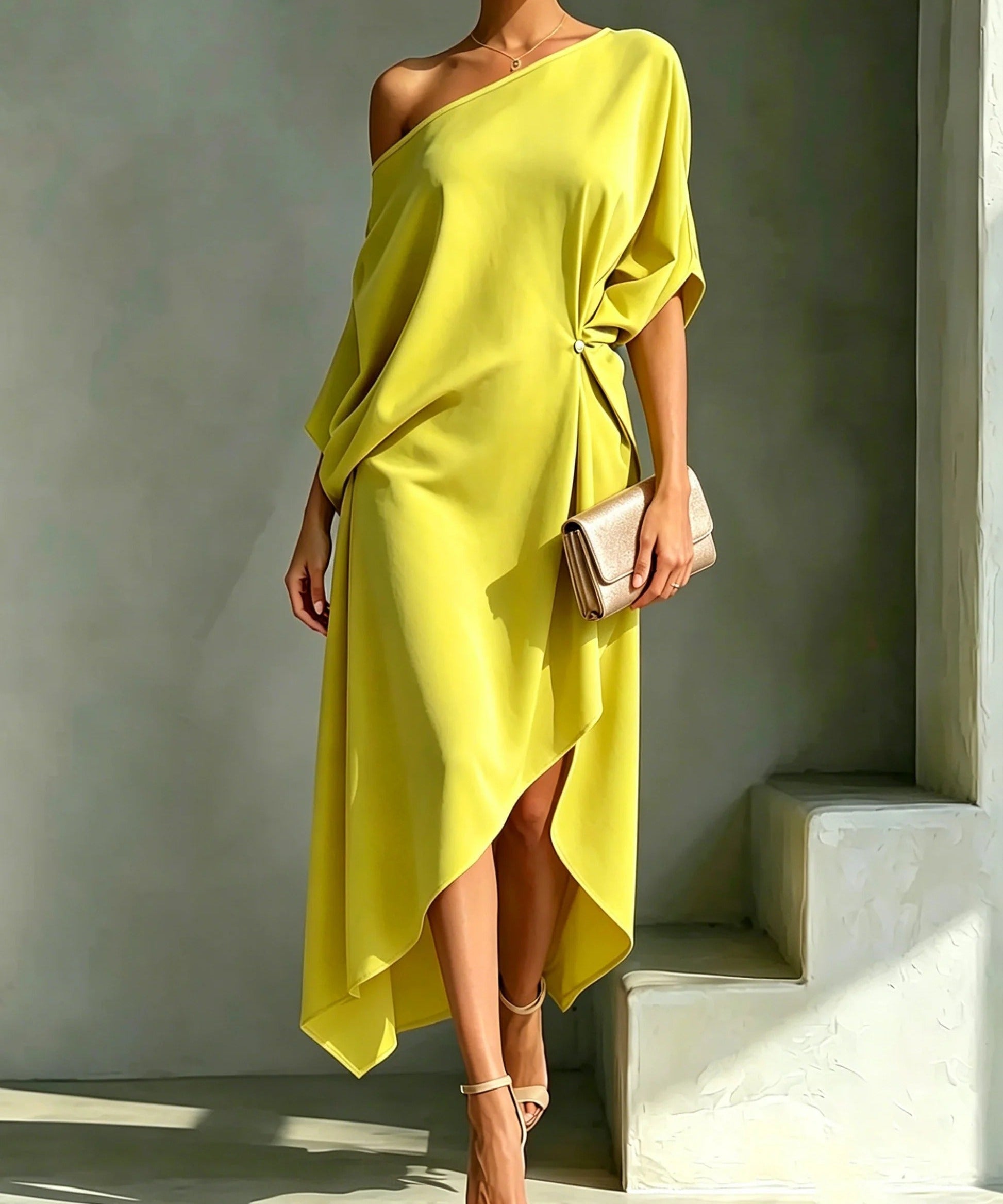Brenda | Vestido midi con drapeado asimétrico