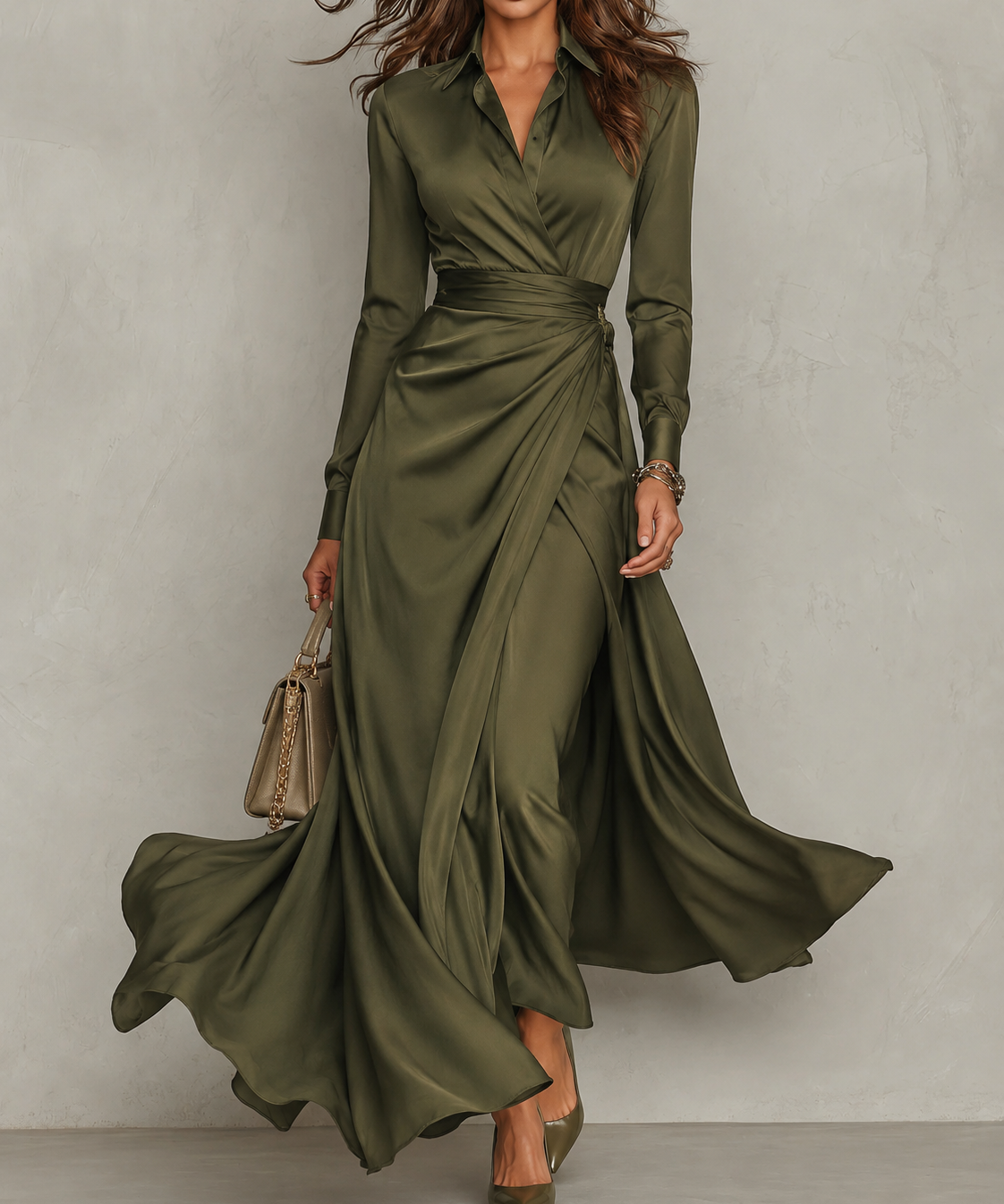 Nayeli | Vestido midi fruncido con escote camisero