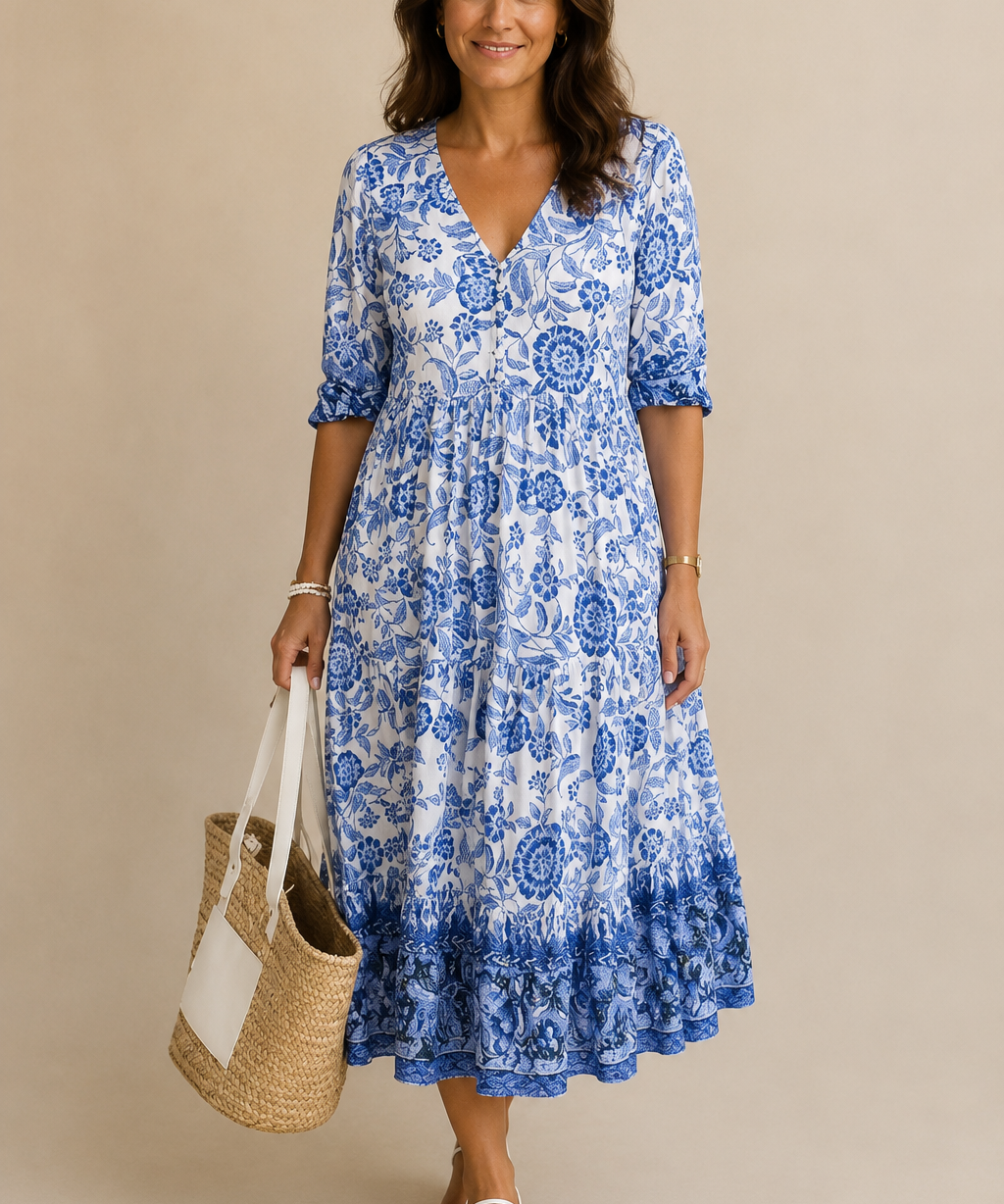 Rocío | Elegante vestido maxi con estampado floral y escote en V