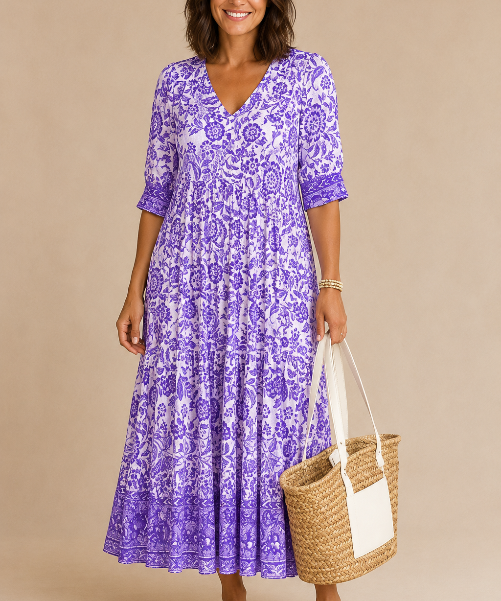 Rocío | Elegante vestido maxi con estampado floral y escote en V