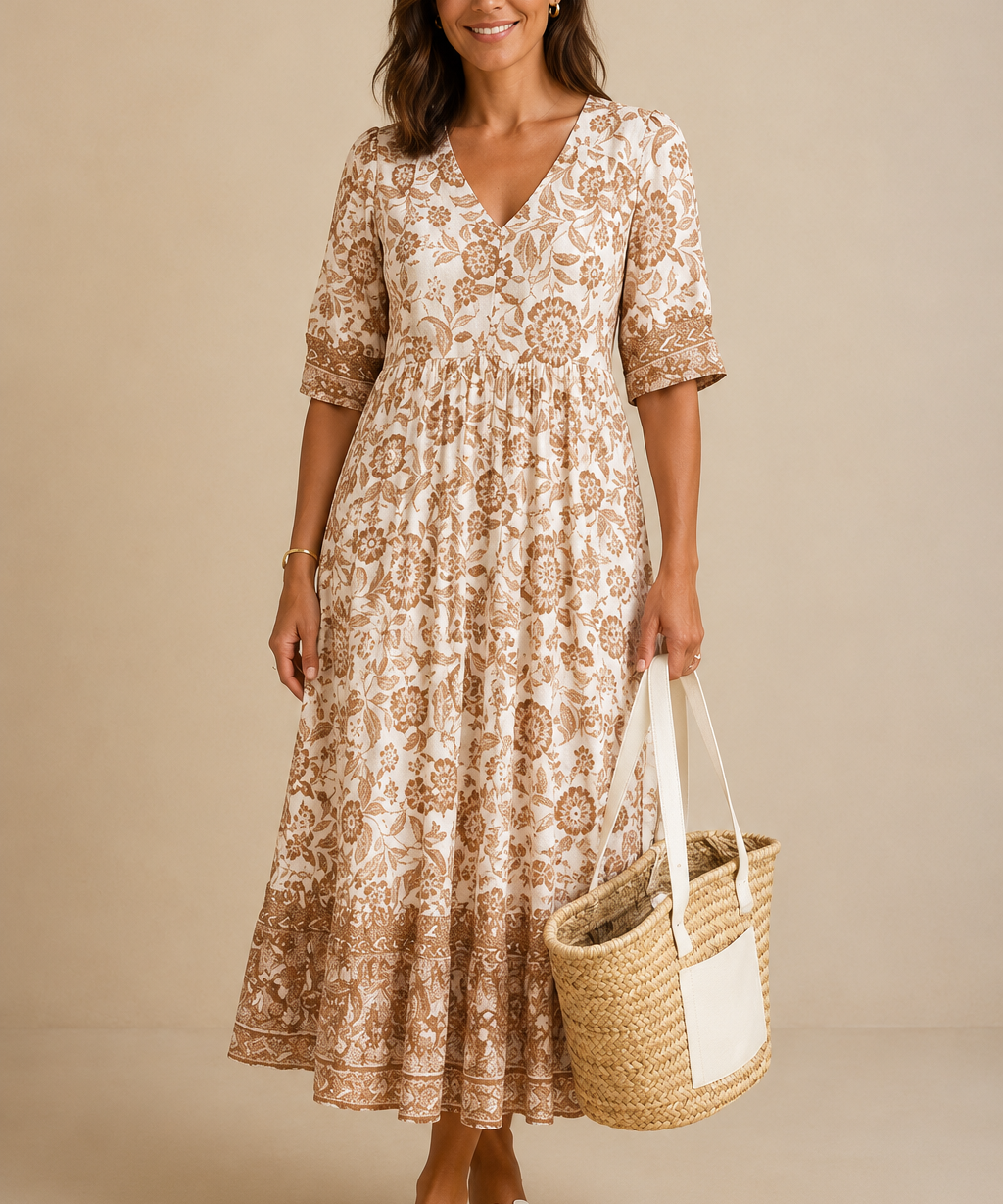 Rocío | Elegante vestido maxi con estampado floral y escote en V