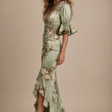 Lucía | Vestido de satén largo asimétrico con estampado floral