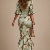 Lucía | Vestido de satén largo asimétrico con estampado floral