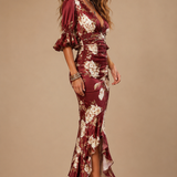 Lucía | Vestido de satén largo asimétrico con estampado floral