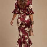 Lucía | Vestido largo asimétrico de satén con estampado floral
