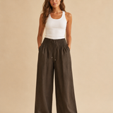 Pantalones de pierna ancha de mezcla de algodón y lino