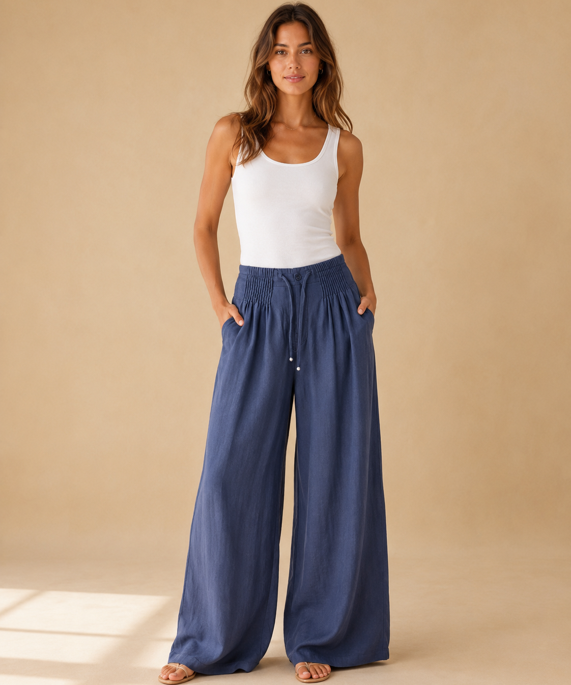 Pantalones de pierna ancha de mezcla de algodón y lino