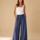 Pantalones de pierna ancha de mezcla de algodón y lino