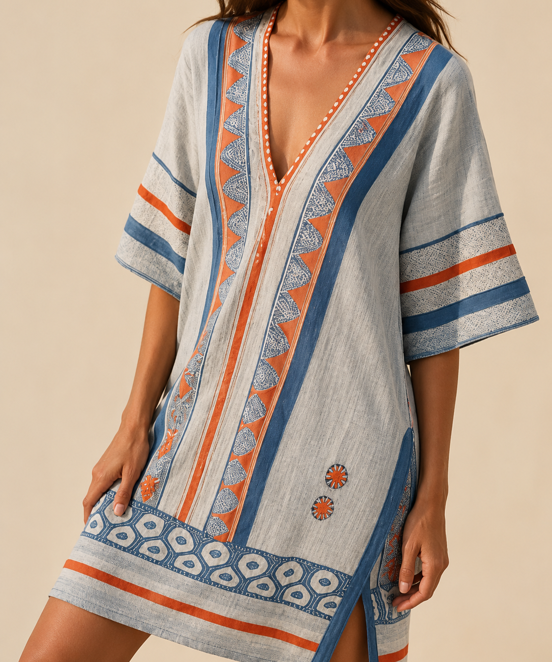 Vestido corto bordado azul y naranja