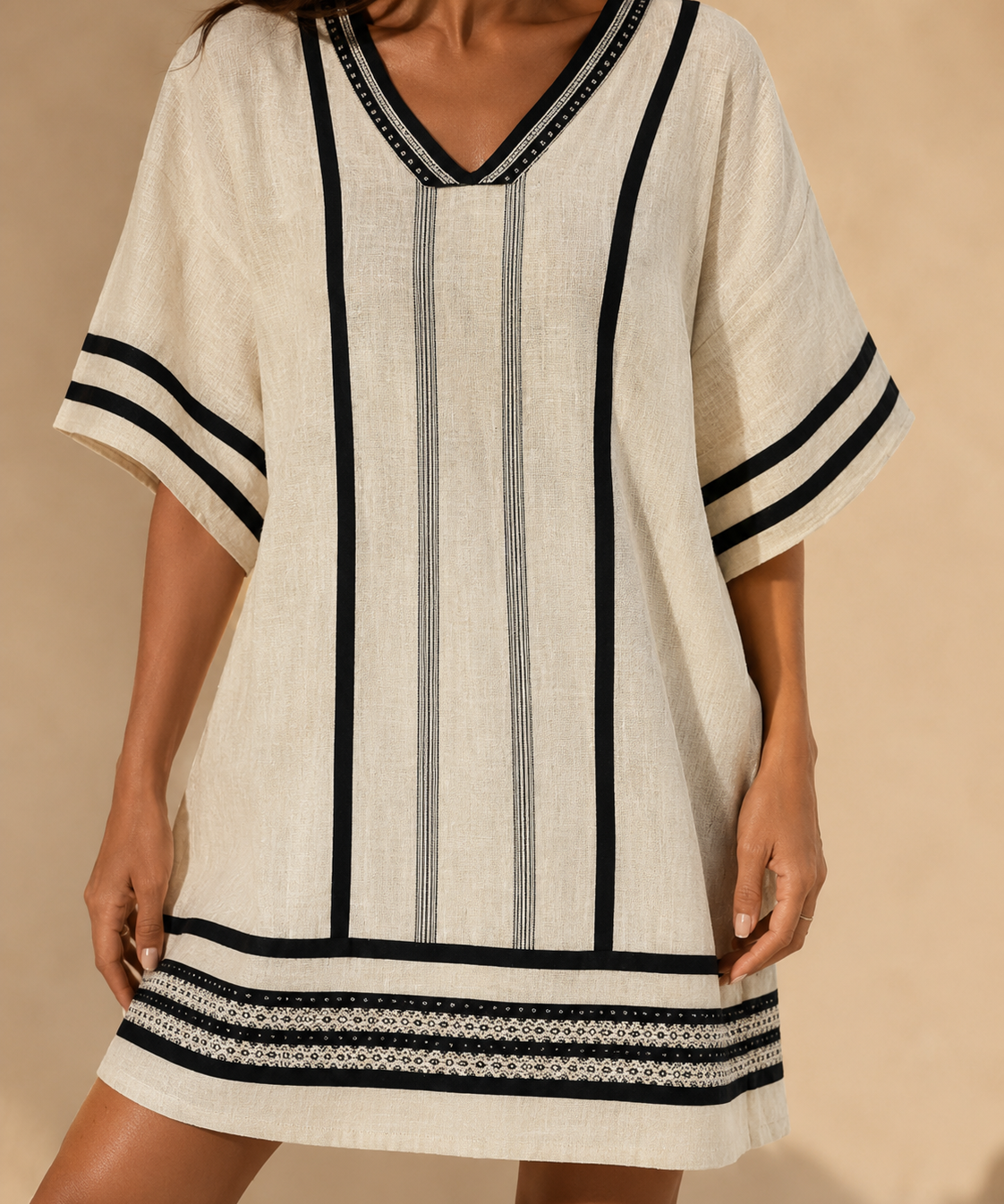 Vestido corto bordado blanco y negro a rayas
