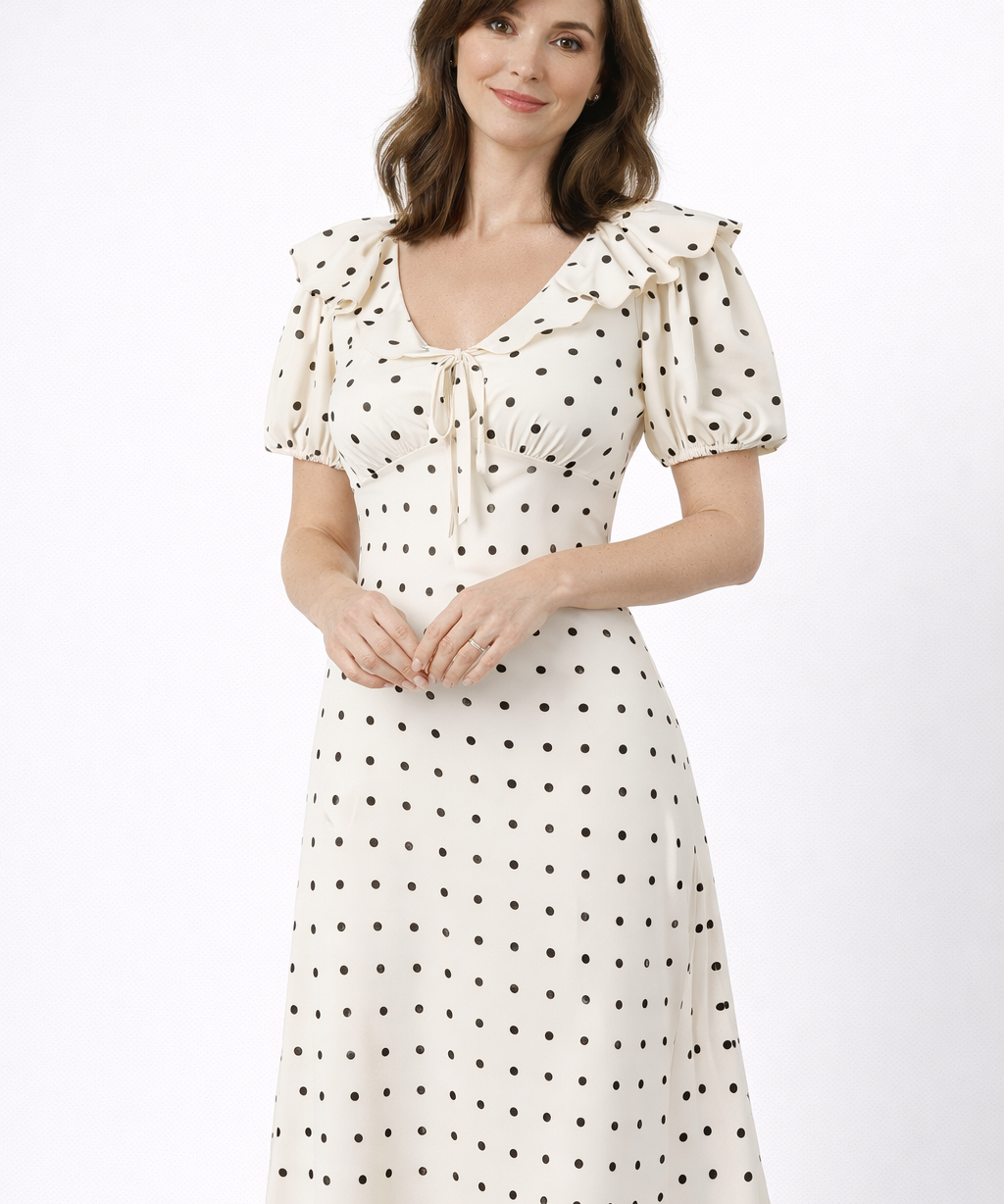 Georgina | Vestido midi de lunares con volantes