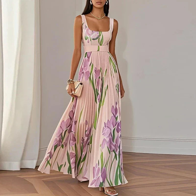 Patricia | Vestido largo plisado con estampado floral