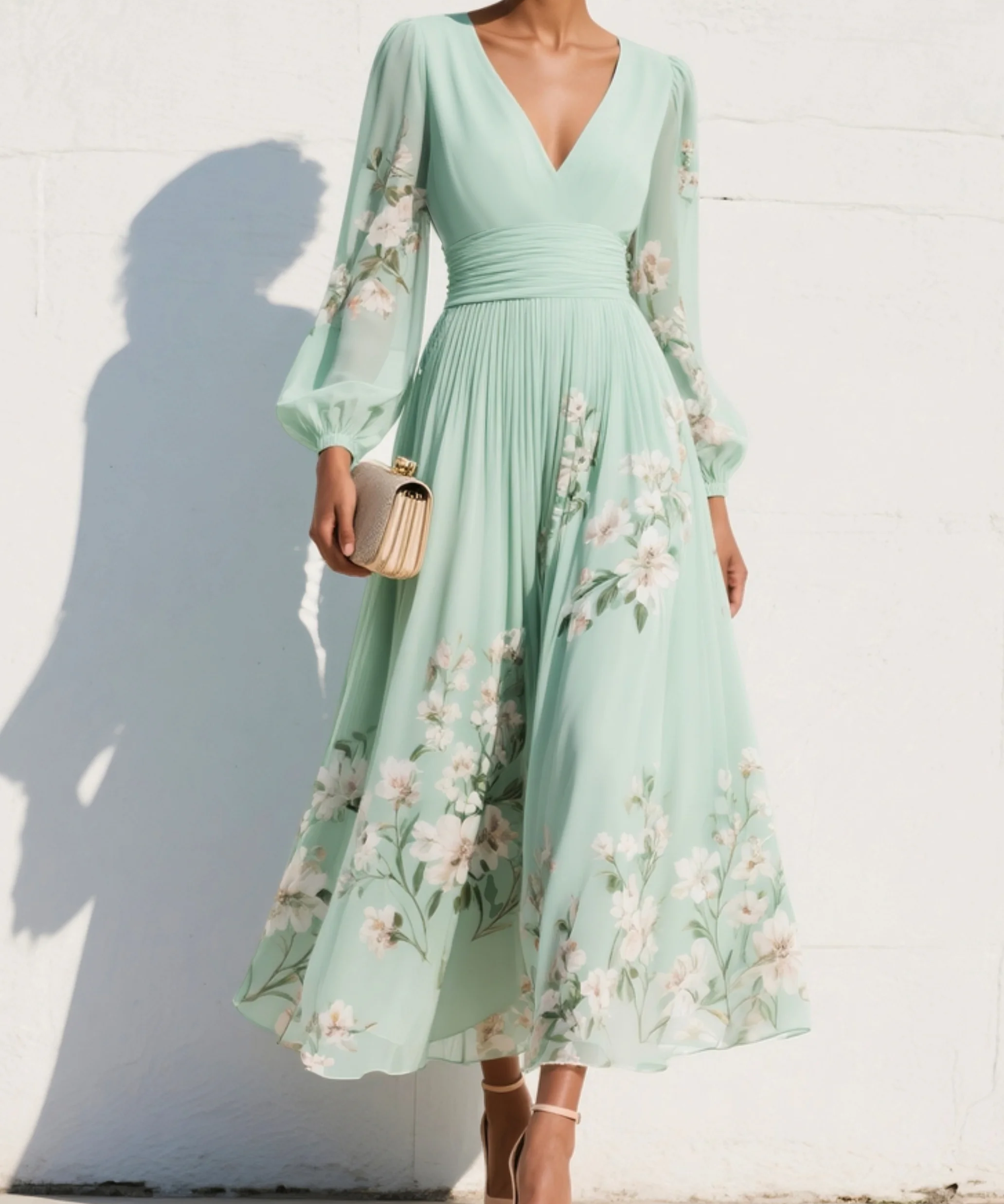 Alondra | Vestido midi con mangas abullonadas y flores
