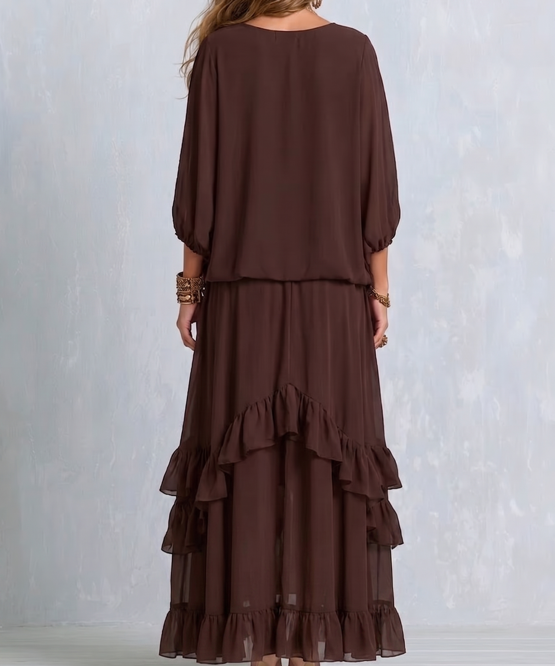 Ondine | Conjunto de top de gasa café con flecos y falda con volantes