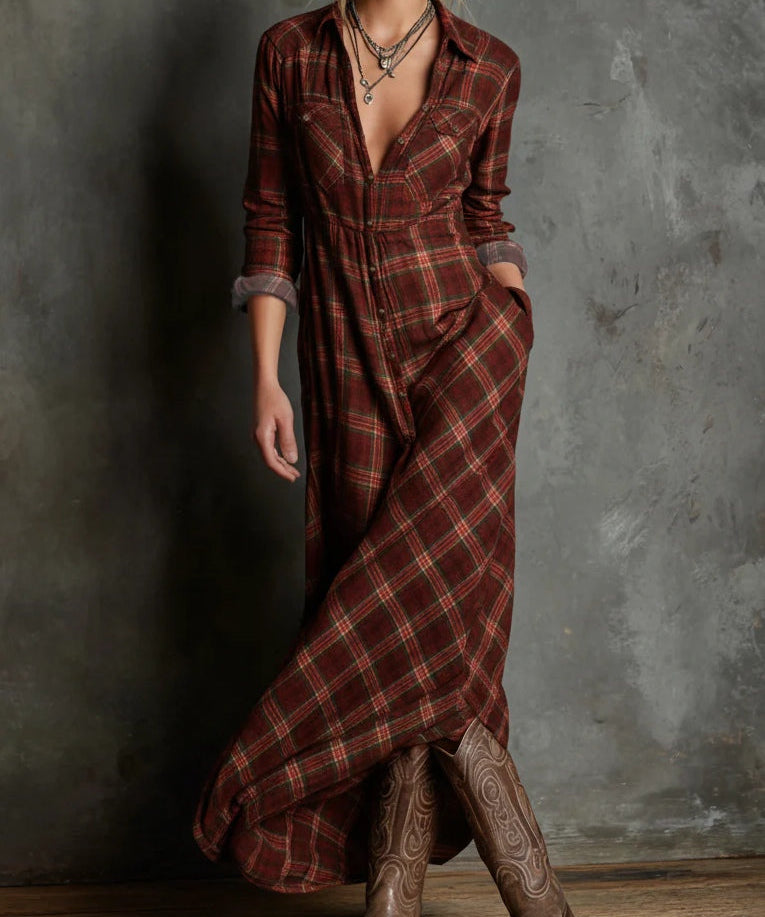 Margaux | Vestido camisero largo de cuadros vichy