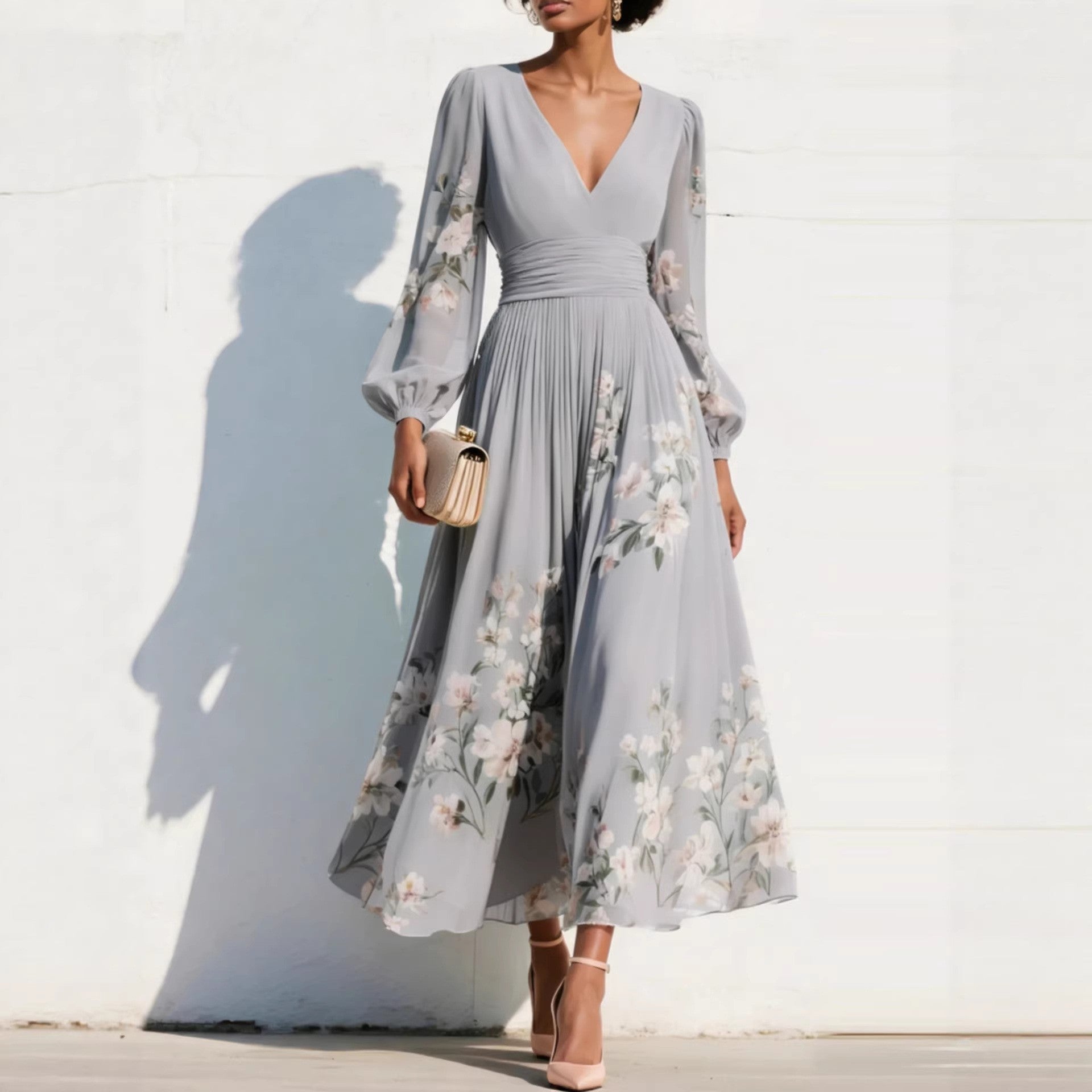 Alondra | Vestido midi con mangas abullonadas y flores