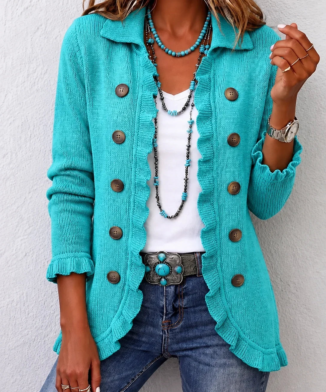 Nayeli | Chaqueta de punto con volantes turquesa