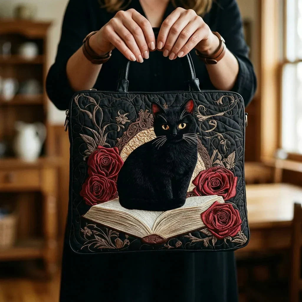 Liliana | Bolso de mano acolchado con gato negro y libros