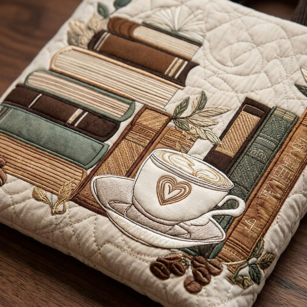 Araceli | Bolso acolchado con motivo de libros y café