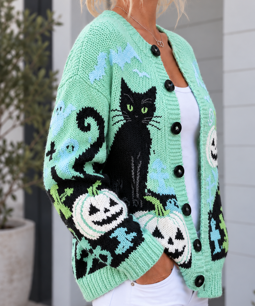 Esmeralda | Cárdigan tejido con gato negro y calabazas