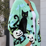 Esmeralda | Cárdigan tejido con gato negro y calabazas